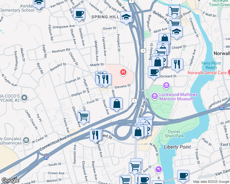 map of restaurants, bars, coffee shops, grocery stores, and more near 30 Stevens Street in Norwalk