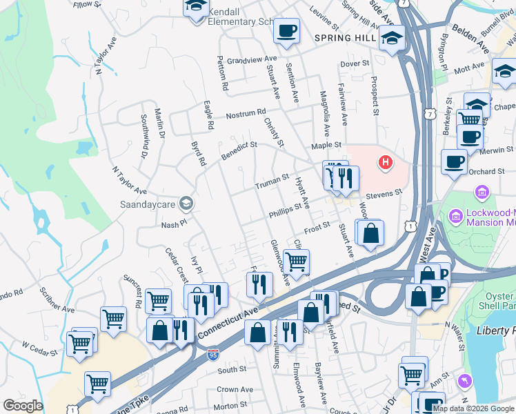 map of restaurants, bars, coffee shops, grocery stores, and more near 66 Glenwood Avenue in Norwalk