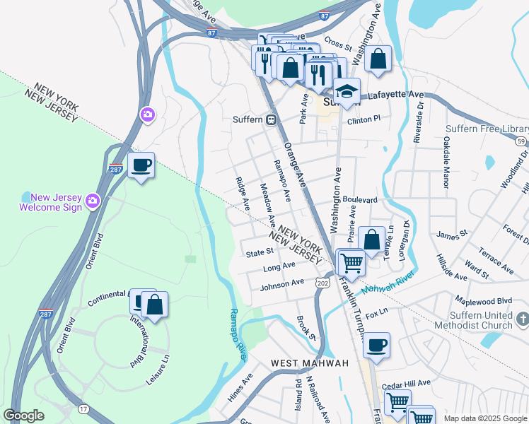 map of restaurants, bars, coffee shops, grocery stores, and more near 25 Oak Terrace in Suffern