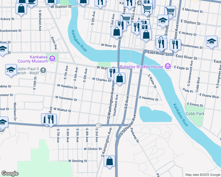 map of restaurants, bars, coffee shops, grocery stores, and more near 246 West Charles Street in Kankakee