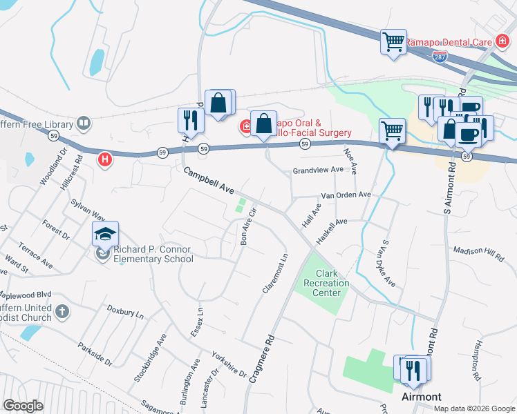 map of restaurants, bars, coffee shops, grocery stores, and more near 20 Campbell Avenue in Airmont