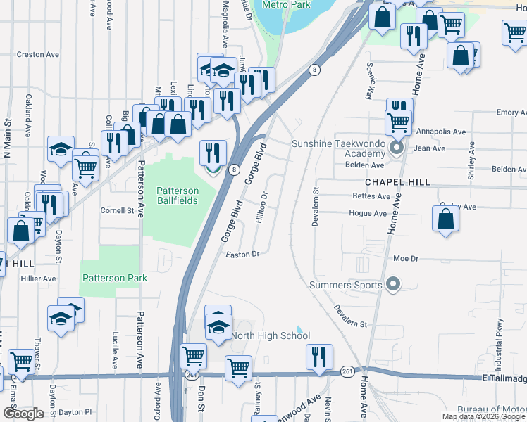 map of restaurants, bars, coffee shops, grocery stores, and more near 1234 Hilltop Drive in Akron
