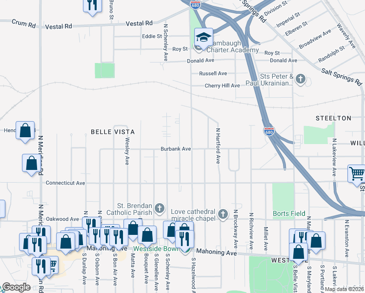map of restaurants, bars, coffee shops, grocery stores, and more near 2622 Burbank Avenue in Youngstown