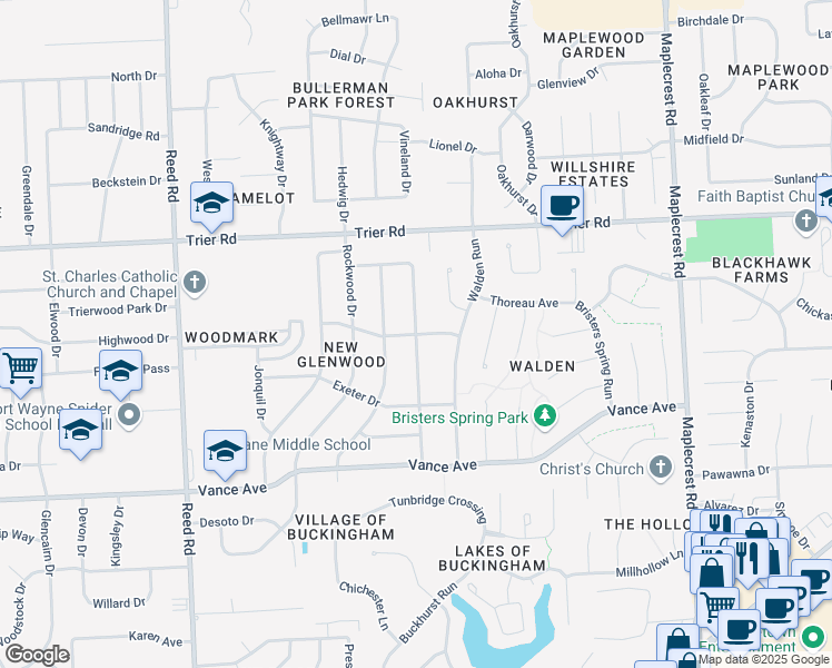 map of restaurants, bars, coffee shops, grocery stores, and more near 5499 Chantilly Drive in Fort Wayne