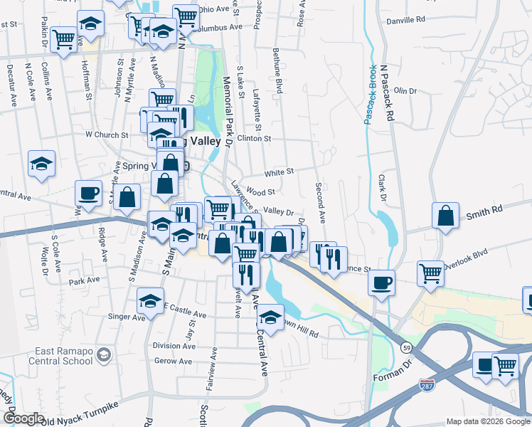 map of restaurants, bars, coffee shops, grocery stores, and more near 14 Wood Street in Spring Valley