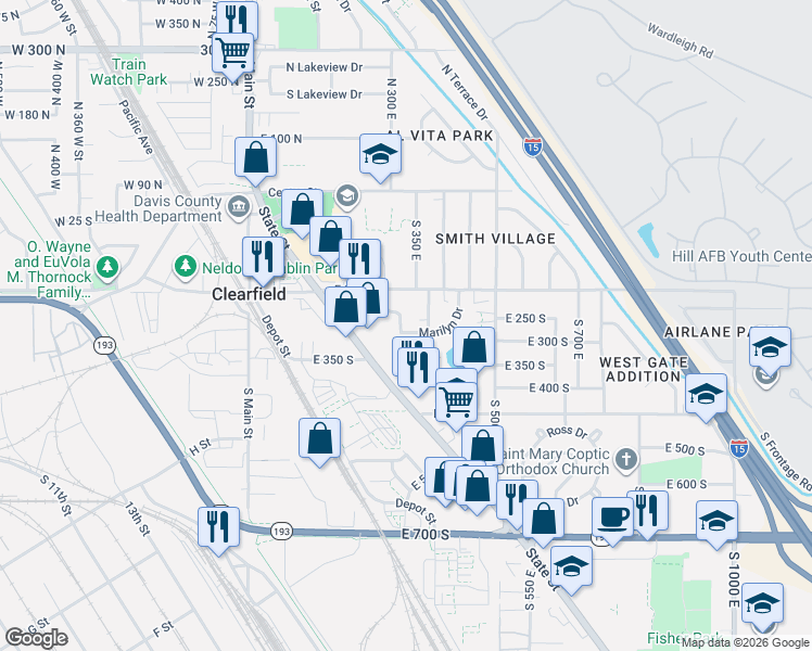 map of restaurants, bars, coffee shops, grocery stores, and more near 283 Marilyn Drive in Clearfield
