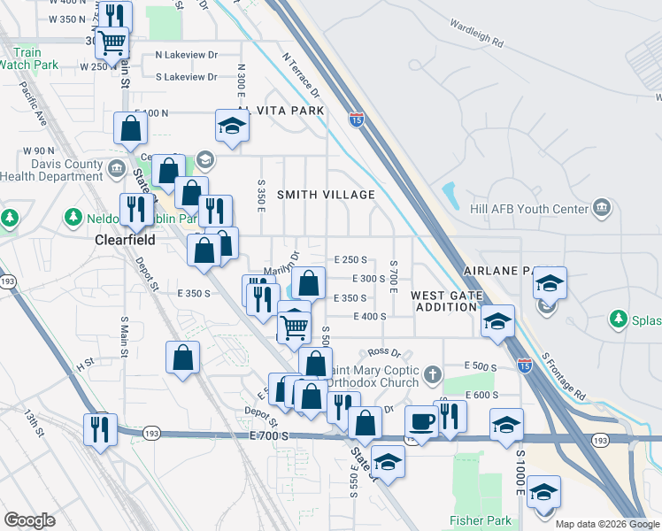 map of restaurants, bars, coffee shops, grocery stores, and more near 277 South 500 East in Clearfield