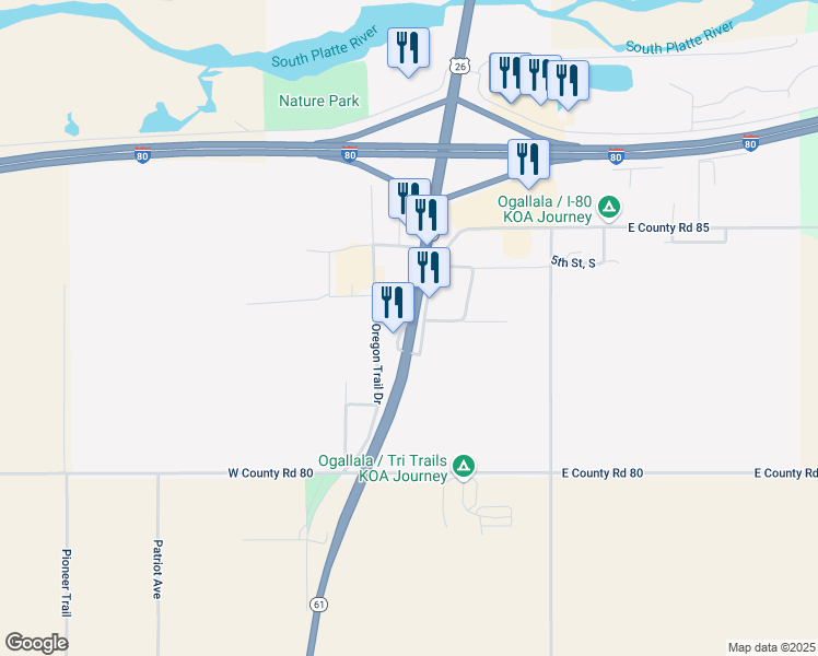 map of restaurants, bars, coffee shops, grocery stores, and more near Big Mac Road in Ogallala