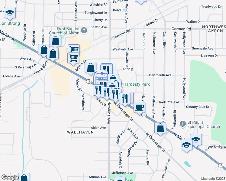 map of restaurants, bars, coffee shops, grocery stores, and more near 58 Wallhaven Drive in Akron