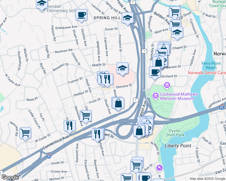 map of restaurants, bars, coffee shops, grocery stores, and more near 42 Stevens Street in Norwalk