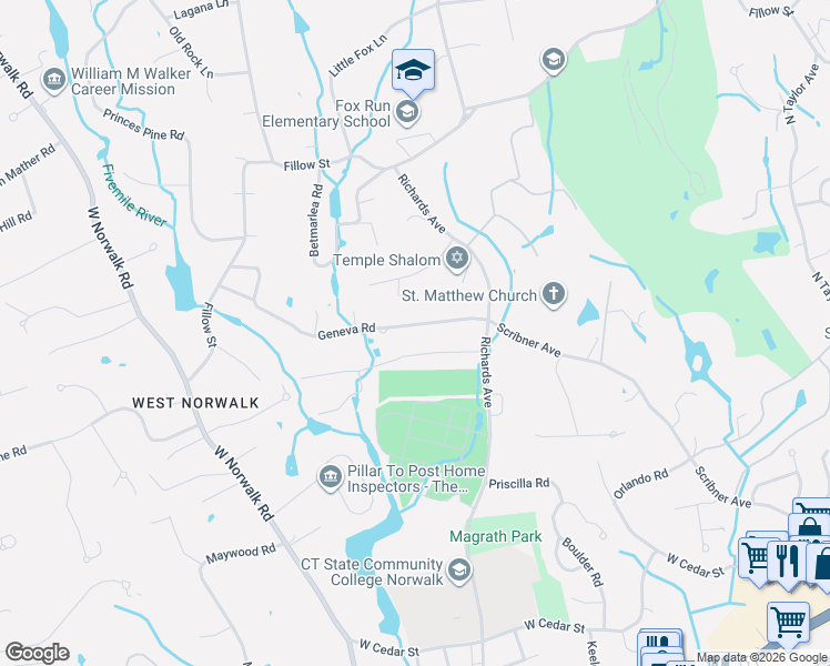 map of restaurants, bars, coffee shops, grocery stores, and more near 10 Geneva Road in Norwalk