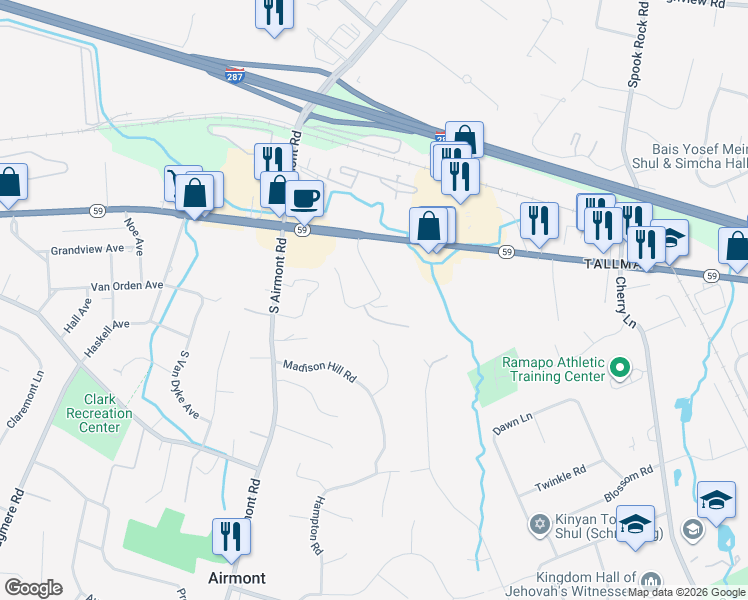 map of restaurants, bars, coffee shops, grocery stores, and more near 11 South de Baun Avenue in Airmont