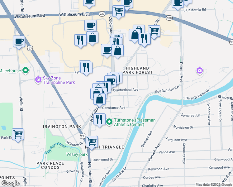 map of restaurants, bars, coffee shops, grocery stores, and more near 3706 Allen Avenue in Fort Wayne