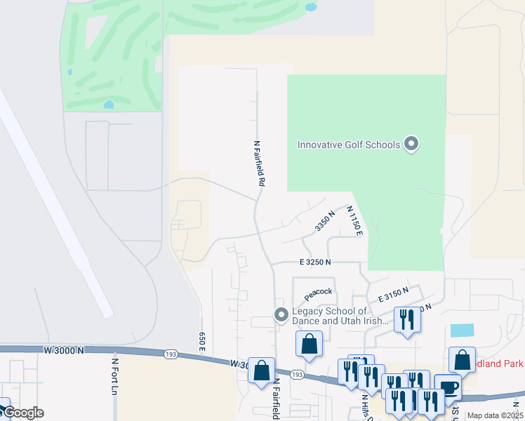 map of restaurants, bars, coffee shops, grocery stores, and more near 3450 North Fairfield Road in Layton
