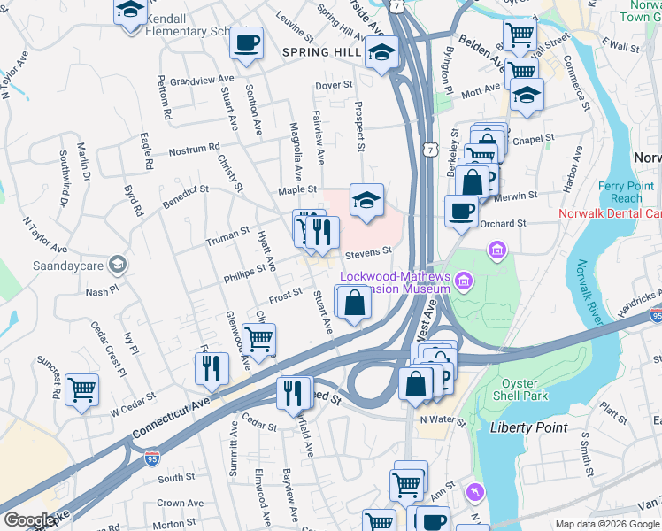 map of restaurants, bars, coffee shops, grocery stores, and more near 42 Stevens Street in Norwalk