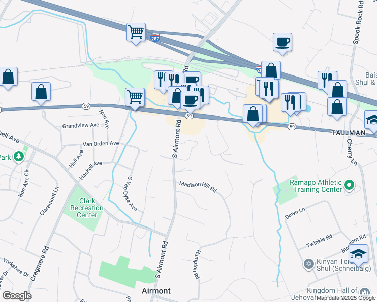 map of restaurants, bars, coffee shops, grocery stores, and more near 1-125 Pondview Drive in Airmont