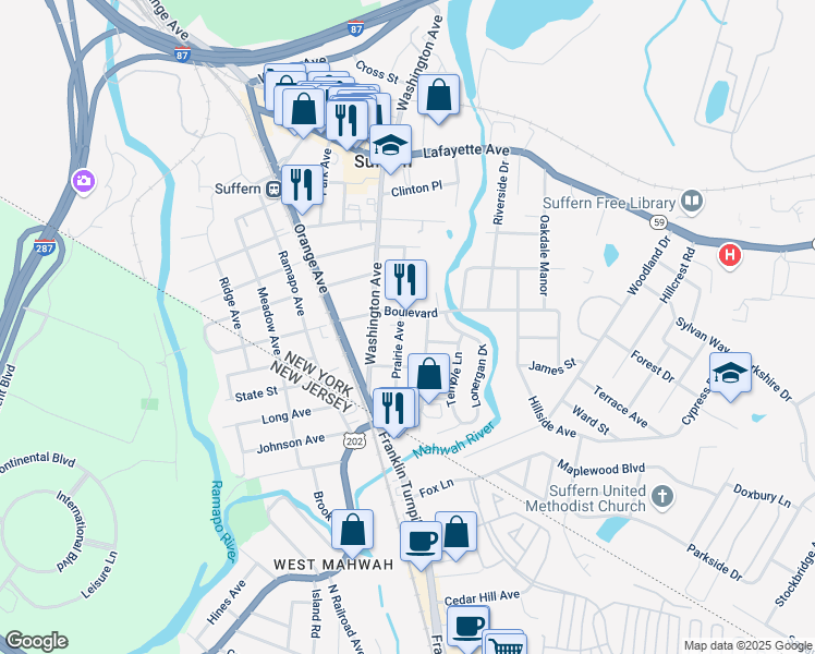 map of restaurants, bars, coffee shops, grocery stores, and more near 12 Boulevard in Suffern