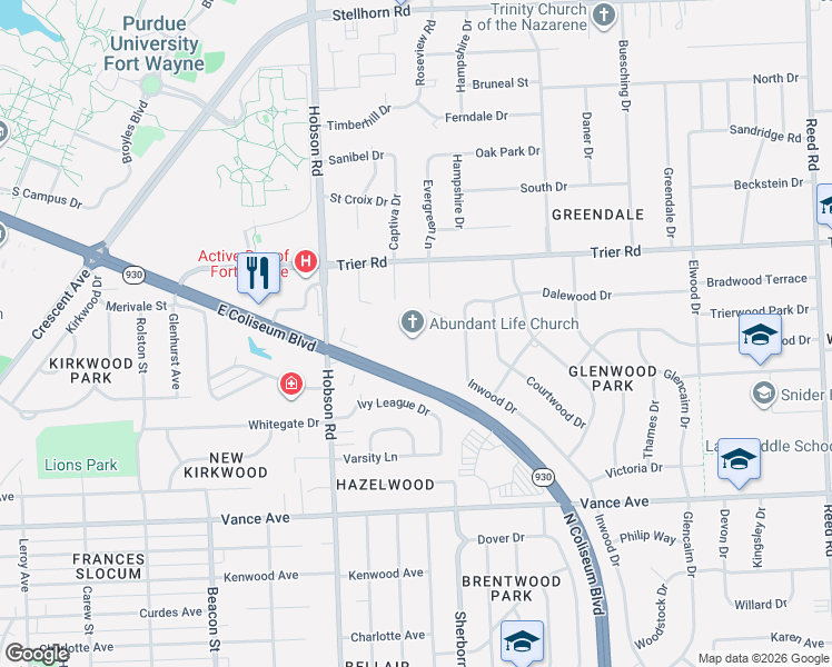 map of restaurants, bars, coffee shops, grocery stores, and more near 3301 East Coliseum Boulevard in Fort Wayne