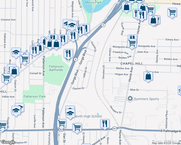 map of restaurants, bars, coffee shops, grocery stores, and more near 1210 Easton Drive in Akron