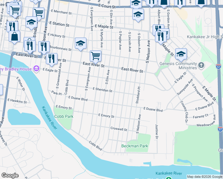 map of restaurants, bars, coffee shops, grocery stores, and more near 1257 East Sheridan Street in Kankakee