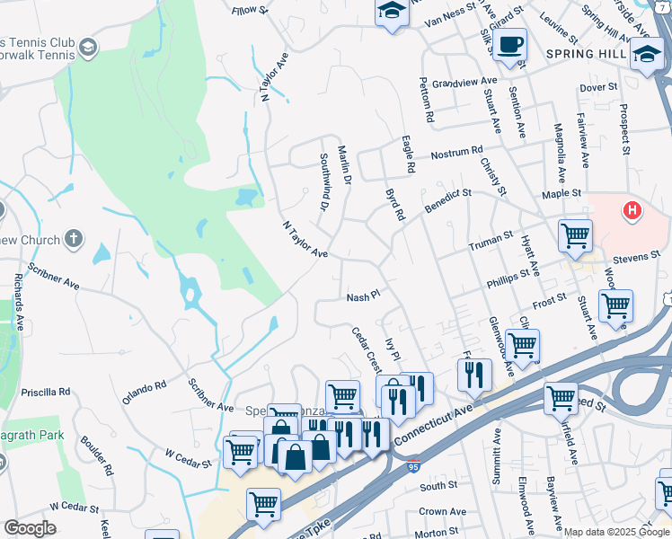 map of restaurants, bars, coffee shops, grocery stores, and more near 92 North Taylor Avenue in Norwalk