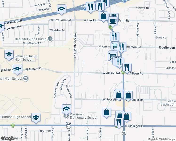map of restaurants, bars, coffee shops, grocery stores, and more near 512 West Allison Road in Cheyenne