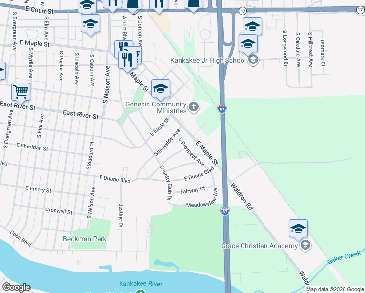 map of restaurants, bars, coffee shops, grocery stores, and more near 2135 East Maple Street in Kankakee