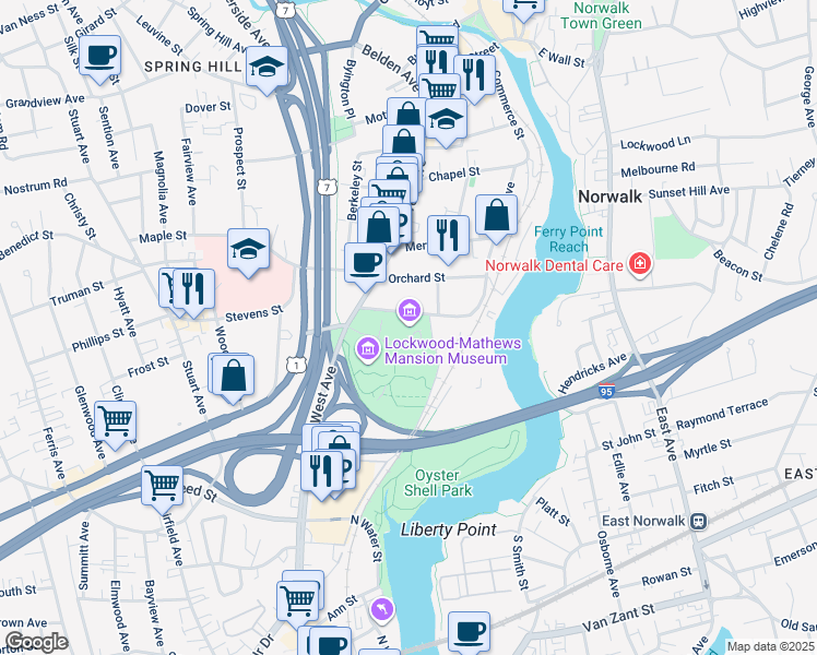 map of restaurants, bars, coffee shops, grocery stores, and more near 303 West Avenue in Norwalk