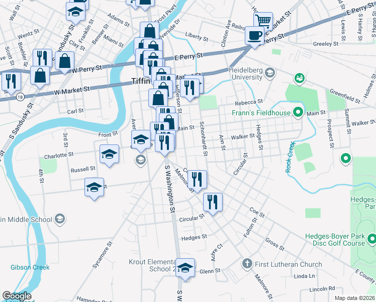 map of restaurants, bars, coffee shops, grocery stores, and more near 267 Jefferson Street in Tiffin