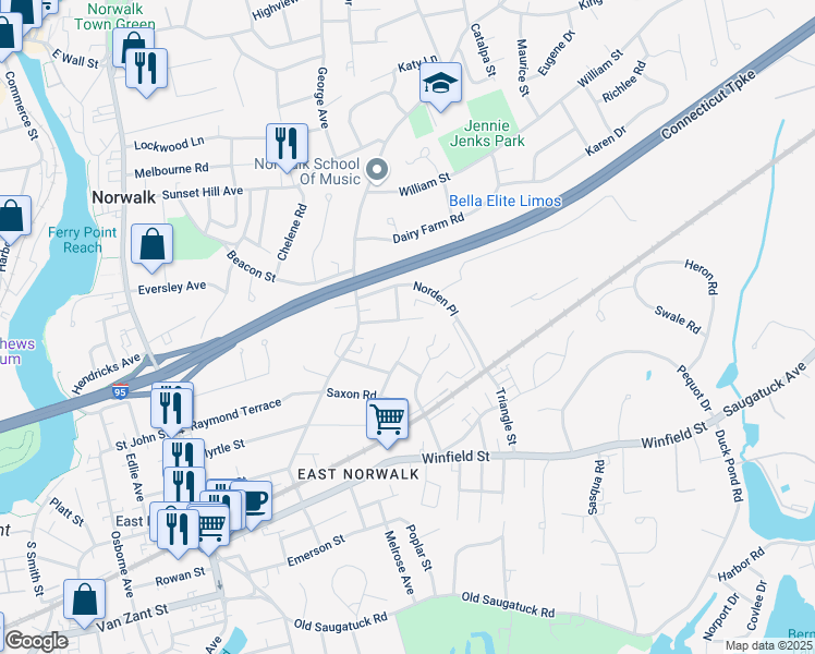 map of restaurants, bars, coffee shops, grocery stores, and more near 2 Greenfield Road in Norwalk