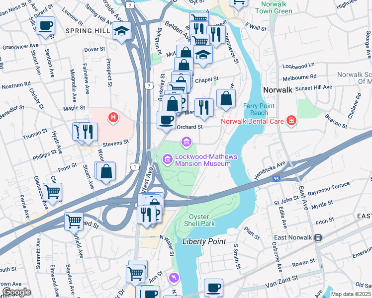 map of restaurants, bars, coffee shops, grocery stores, and more near in Norwalk