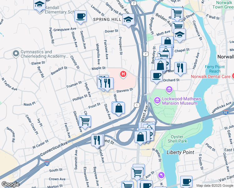 map of restaurants, bars, coffee shops, grocery stores, and more near 30 Stevens Street in Norwalk