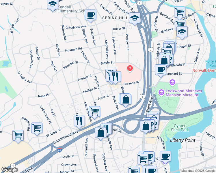 map of restaurants, bars, coffee shops, grocery stores, and more near 5 Magnolia Avenue in Norwalk