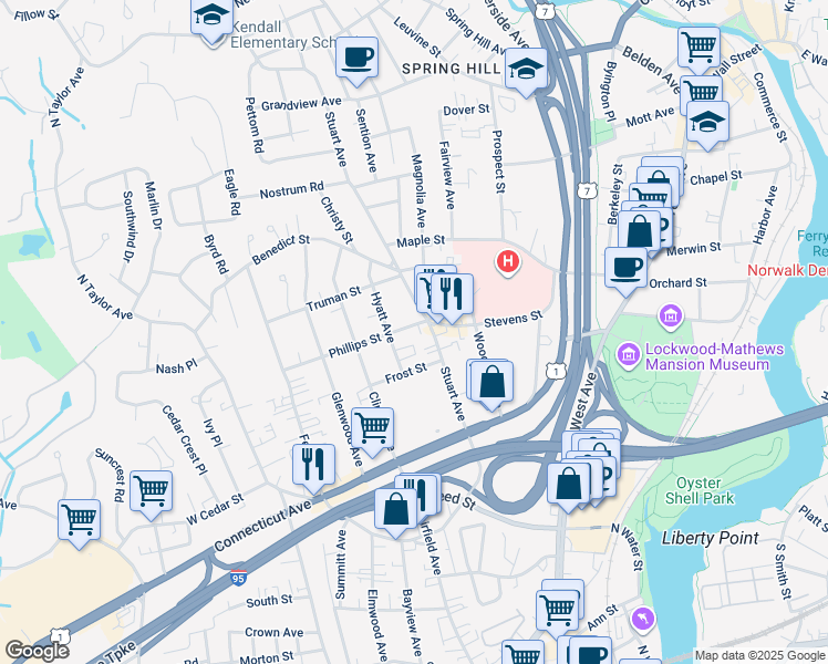 map of restaurants, bars, coffee shops, grocery stores, and more near 5 Magnolia Avenue in Norwalk