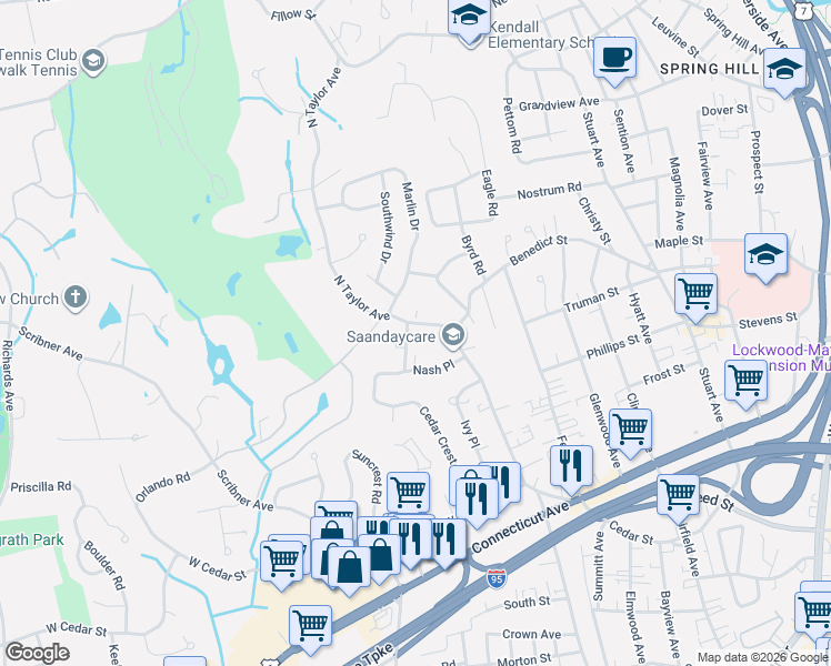 map of restaurants, bars, coffee shops, grocery stores, and more near 92 North Taylor Avenue in Norwalk