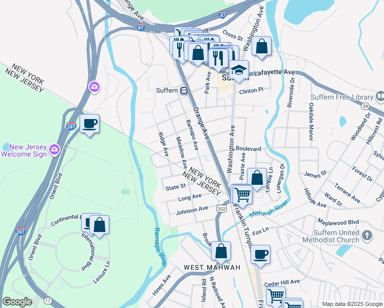 map of restaurants, bars, coffee shops, grocery stores, and more near 52 Ramapo Avenue in Suffern