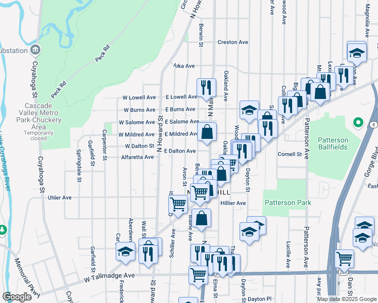 map of restaurants, bars, coffee shops, grocery stores, and more near 924 Berwin Street in Akron