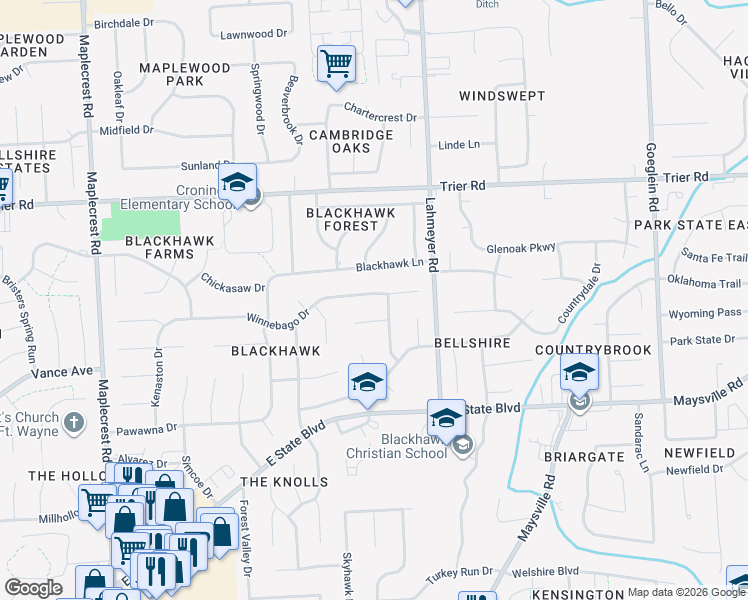 map of restaurants, bars, coffee shops, grocery stores, and more near 7233 Winnebago Drive in Fort Wayne