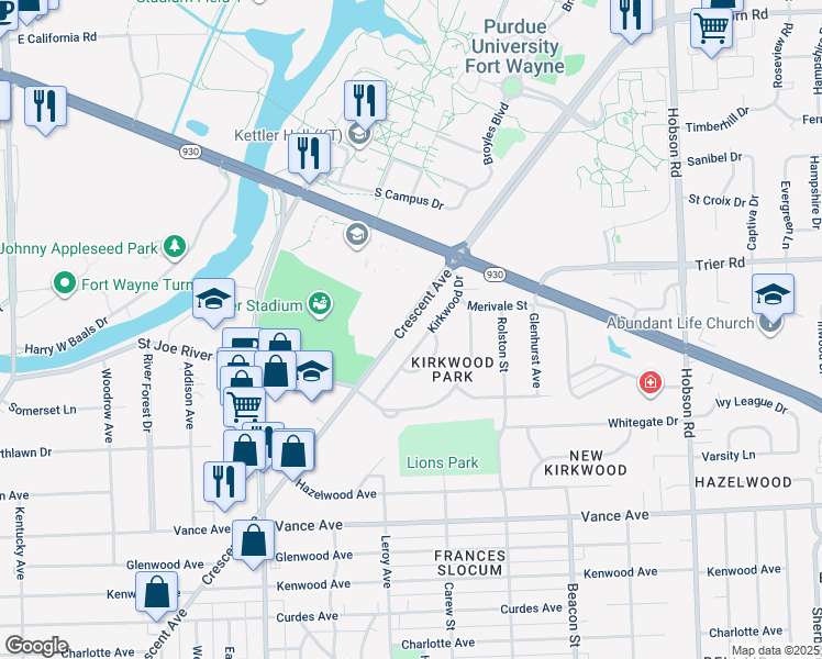 map of restaurants, bars, coffee shops, grocery stores, and more near in Fort Wayne