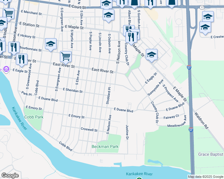 map of restaurants, bars, coffee shops, grocery stores, and more near 1604 East Eagle Street in Kankakee