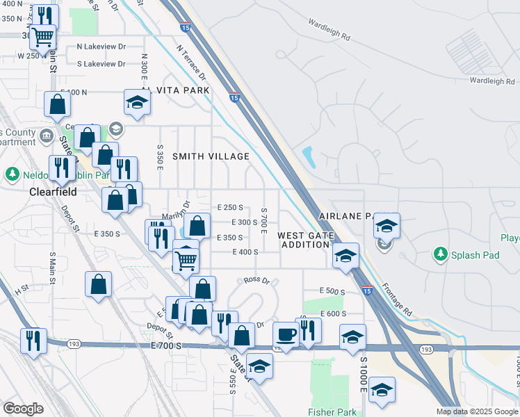 map of restaurants, bars, coffee shops, grocery stores, and more near 260 South 700 East in Clearfield