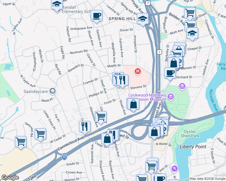 map of restaurants, bars, coffee shops, grocery stores, and more near 5 Magnolia Avenue in Norwalk