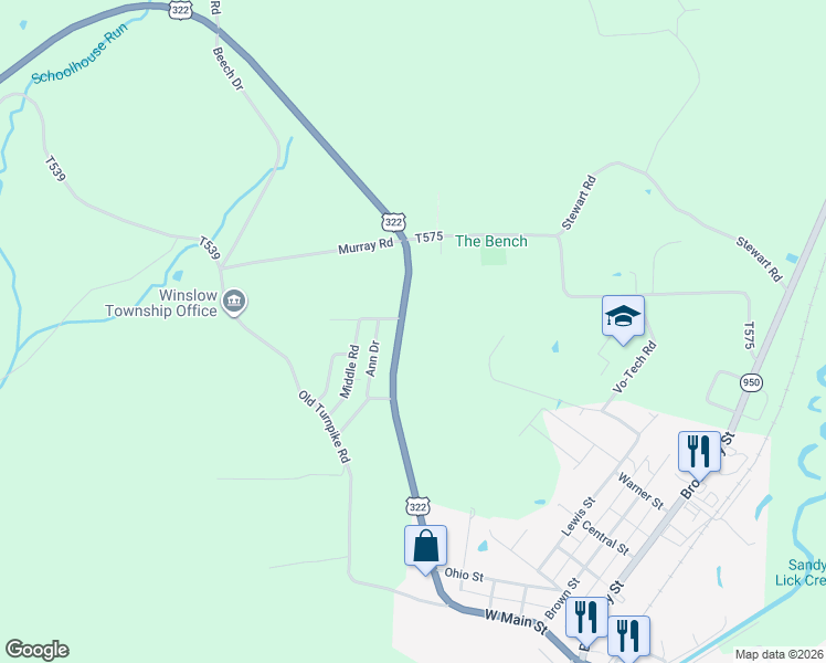map of restaurants, bars, coffee shops, grocery stores, and more near Johnson Drive in Reynoldsville