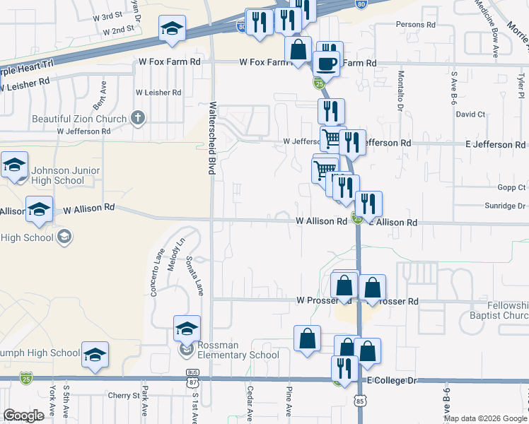 map of restaurants, bars, coffee shops, grocery stores, and more near 512 West Allison Road in Cheyenne