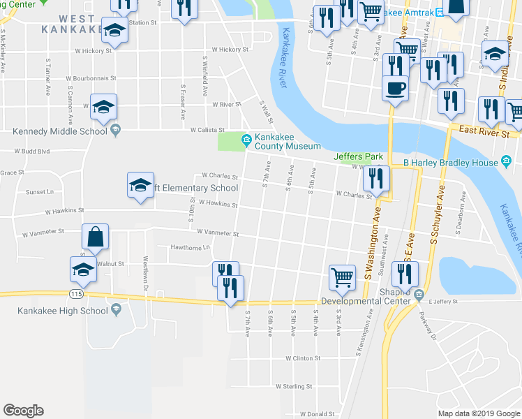 map of restaurants, bars, coffee shops, grocery stores, and more near 700 West Hawkins Street in Kankakee