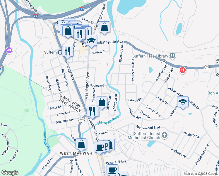map of restaurants, bars, coffee shops, grocery stores, and more near 31 Boulevard in Suffern