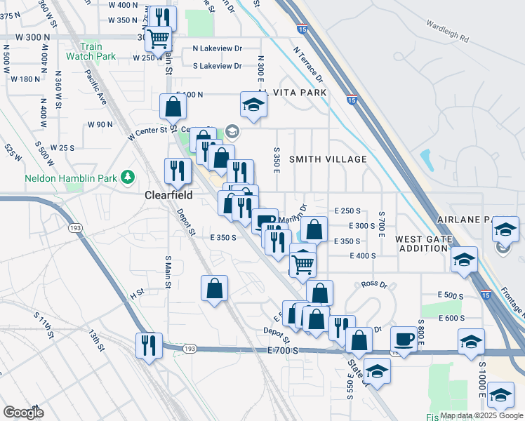 map of restaurants, bars, coffee shops, grocery stores, and more near 265 Marilyn Drive in Clearfield