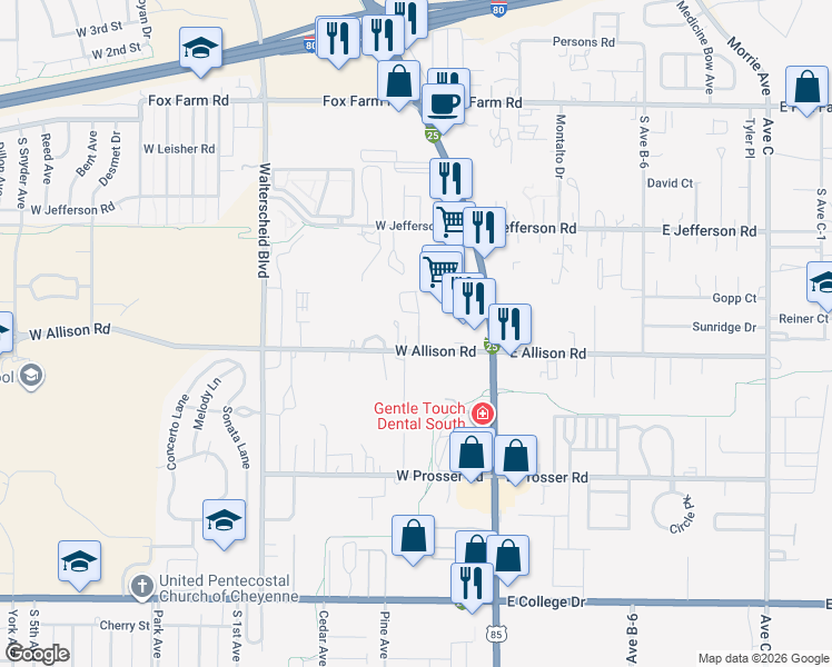 map of restaurants, bars, coffee shops, grocery stores, and more near 306 West Allison Road in Cheyenne