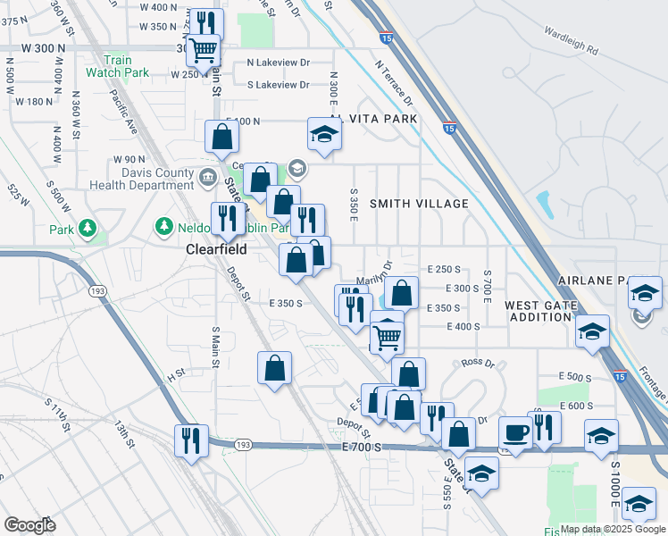 map of restaurants, bars, coffee shops, grocery stores, and more near 265 Marilyn Drive in Clearfield