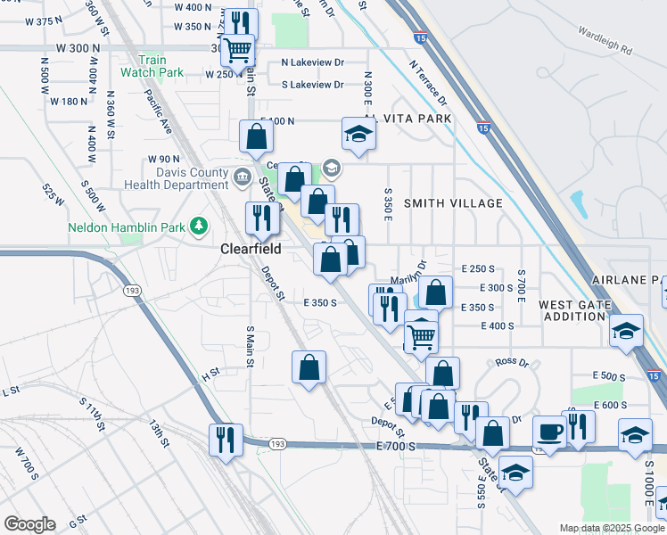 map of restaurants, bars, coffee shops, grocery stores, and more near 254 East 200 South in Clearfield